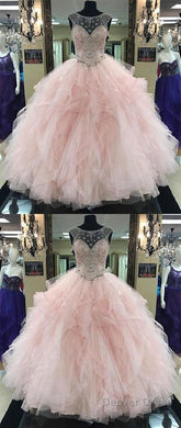 Pink Prom Dress Pink Beading Long Prom Dress Ball Gowns Cap Sleeve Wedding Dress Evening Dress